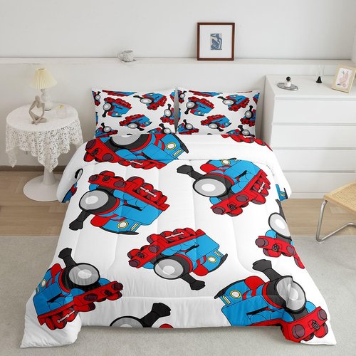 Feelyou Train Bedding Set Kids Cartoon Car Comforter Set Boys Girls Train Travel Decor Comforter Microfiber Construction Red Blue Duvet Bedroom Quilt Twin Size with 1 Pillow Case