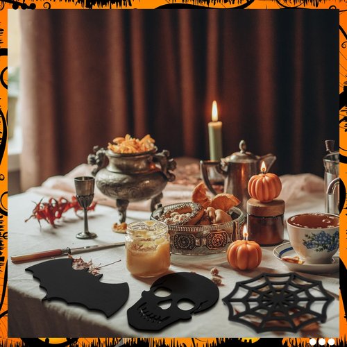 Reallnaive 3 Pcs Halloween Gothic Kitchen Decor Cast Iron Trivets for Hot Pans and Pots Metal Trivets for Hot Dishes Cast Iron Pan Holder Spooky Skull Bat Kitchen Accessories for Halloween