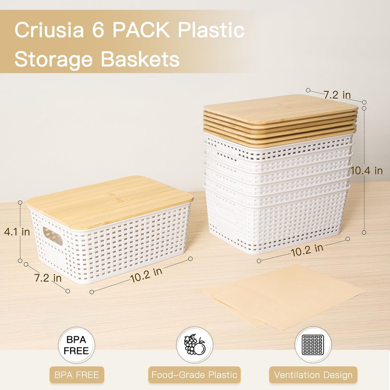 Criusia 6 Pack Plastic Storage Baskets With Bamboo Lid, Stackable Storage Baskets for Organizing Desktop Closet Shelves Drawers Pantry Organization Office Playroom Classroom