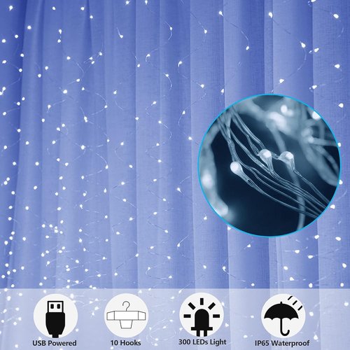 HOME LIGHTING 300 LED Window Curtain String Lights - 8 Modes, USB Powered, Waterproof for Christmas & Party Decor