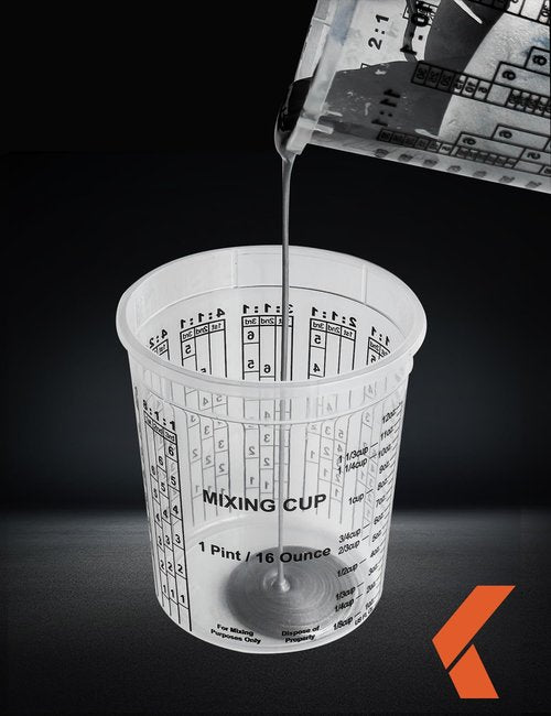 KREFINISH 32 OZ Paint Mixing Cups Disposable Flexible Clear Graduated Plastic Measuring Cups Box of 24 Cups & 4 Lids Use for Automotive Painting, Epoxy Resin, Acrylic Arts, Kitchen - Mixing Ratios