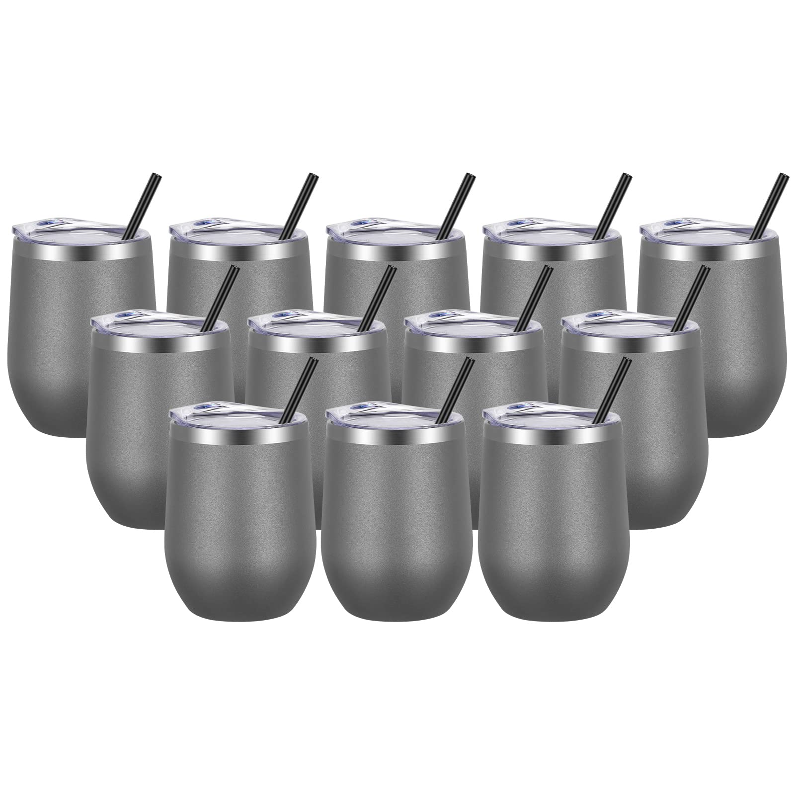 VEGOND Wine Tumblers Bulk 12 Pack, 12oz Stainless Steel Stemless Wine Glass with Lids and Straws, Double Wall Vacuum Insulated Tumbler Cup, Coffee Mug for Cold Hot Drinks