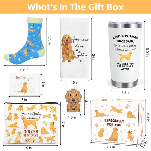 UAREHIBY Golden Retriever Gifts, Christmas Birthday Gift Box for Women, Golden Retriever Decor with 20 OZ Wine Tumbler, Dish Towels, Socks, Make up Bag for Dog Lovers, Gifts for Dog Mom