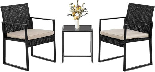 FDW 3-Piece Patio Furniture Set - Modern Outdoor Wicker with Coffee Table | Weather-Resistant Khaki Rattan Chairs for Garden & Lawn