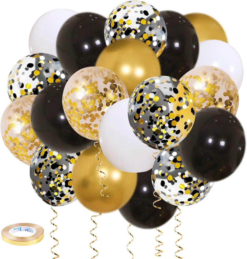 Zesliwy Black Gold Confetti Balloons - 50 Pack of 12-Inch Gold, White & Black Balloons for Celebrations