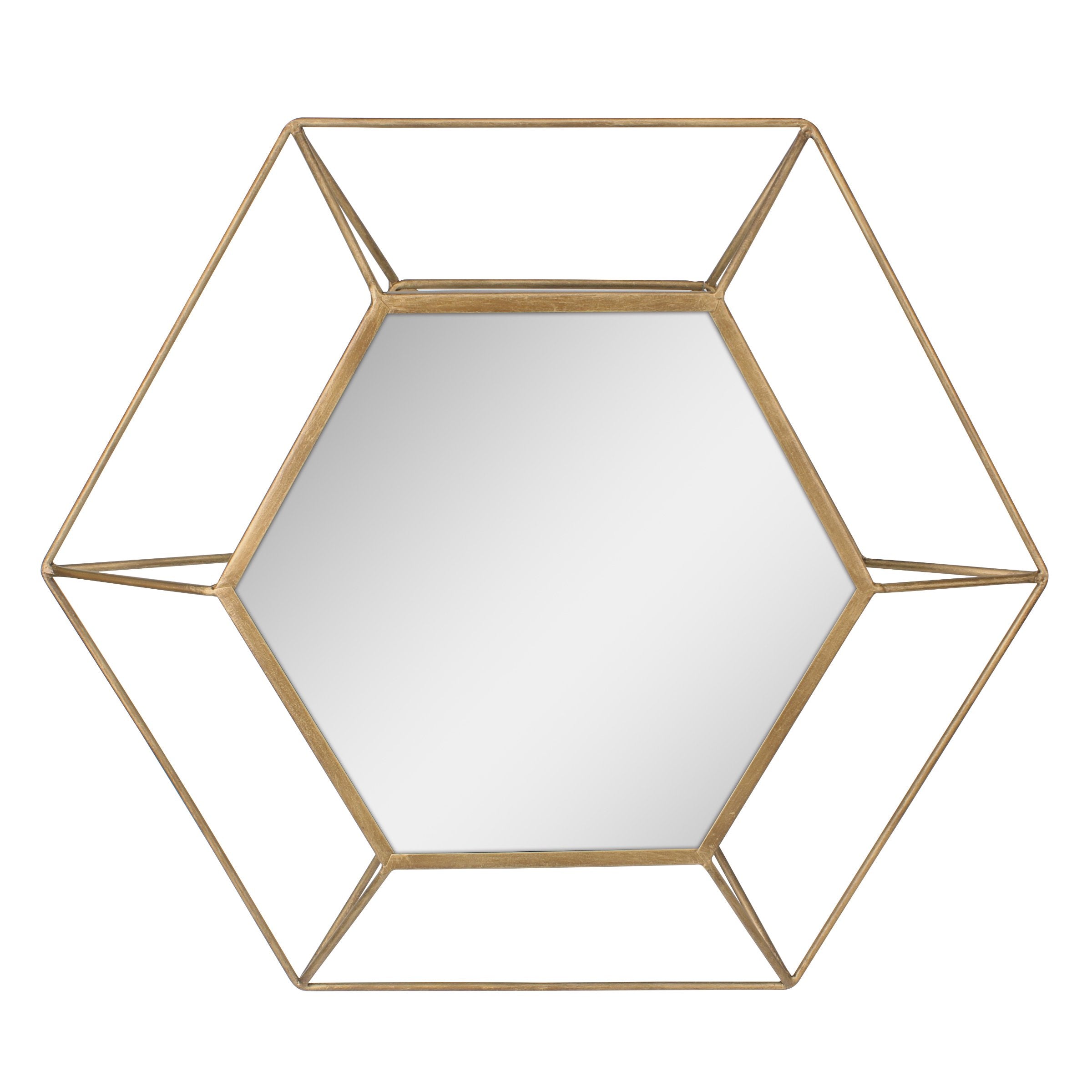 Stonebriar 23.7" x 20.7" Gold Metal Hexagon Frame Wall Mirror with Attached Mounting Brackets, Decorative Decor for the Living Room, Bedroom, Bathroom, Hallway, and Entryway