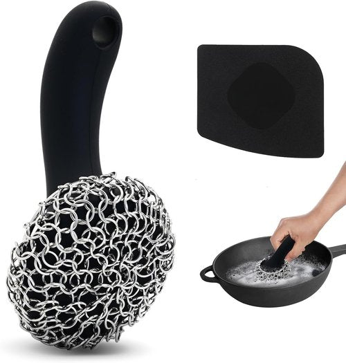 Cast Iron Cleaner | 316 Chainmail Scrubber with Long Handle - Dishwasher Safe Cleaning Kit (Black, 1 Scrubber + 1 Scraper)