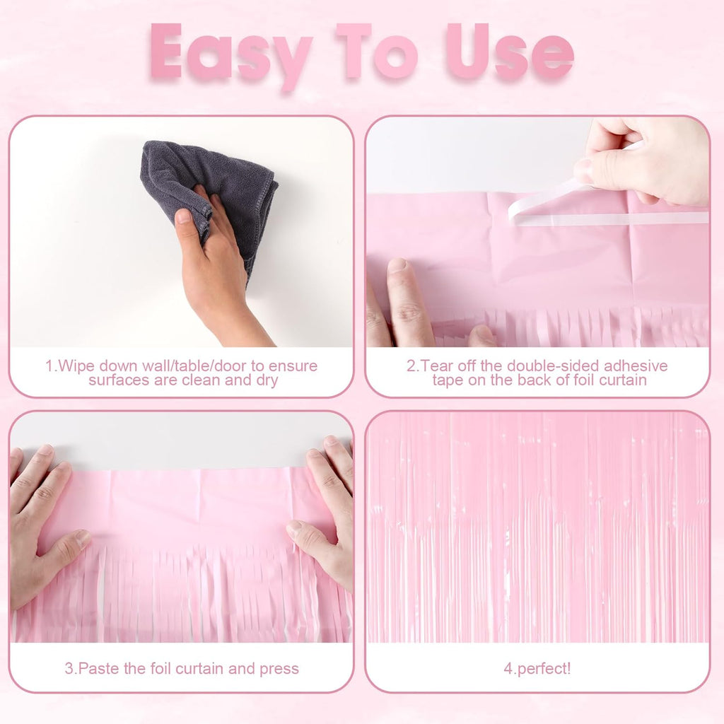Voircoloria Foil Fringe Backdrop Curtains - 3 Pack Tinsel Streamers in Pastel Pink | Perfect for Parties, Graduations, and Baby Showers