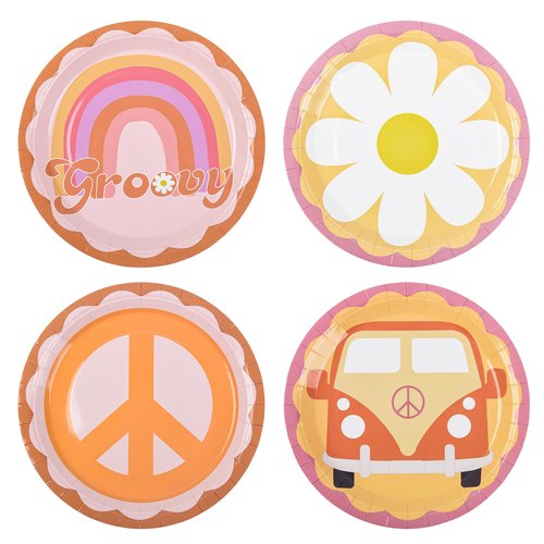 AimFun 48 Pcs Groovy Party Plates Retro Hippie Boho Paper Plates 60s 70s Party Decorations 9" Daisy Flower Peace Round Disposable Plates for Birthday Baby Shower Wedding Bridal Tableware