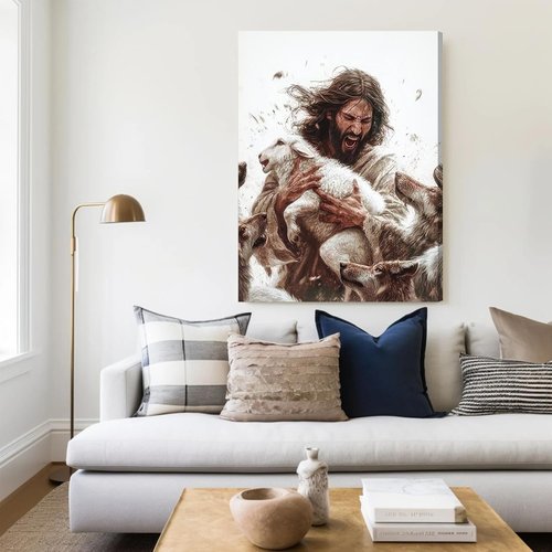 Jesus And Lamb Canvas Wall Art - Inspiring Christian Home Decor | 12x16 Inch Framed Print