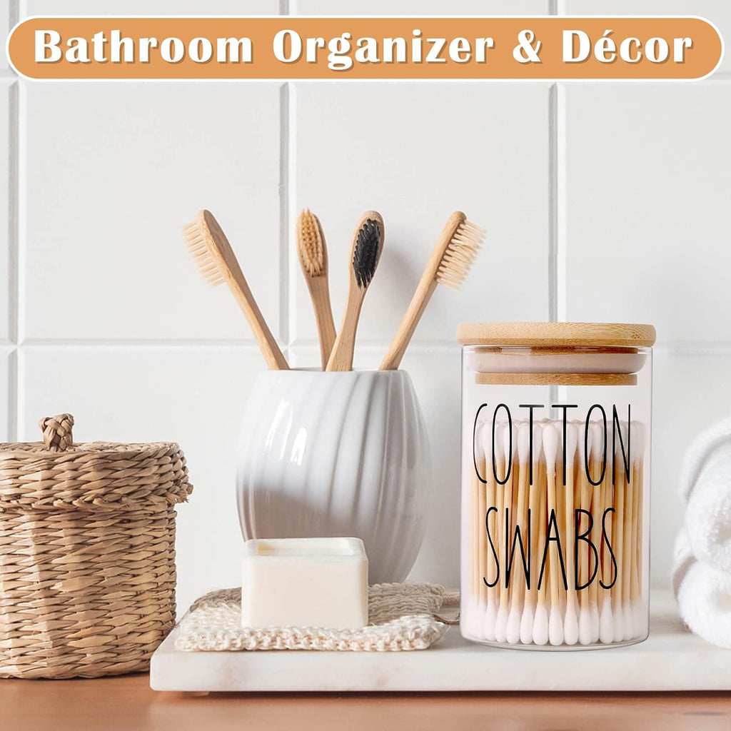 ROADPLUM Qtip Holder Bathroom Set - 4 Pack Glass Jars with Lids for Cotton Balls & Makeup Storage