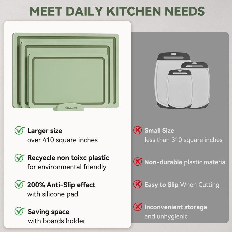 Empune Plastic Cutting Board Set, Recycled Plastic Cutting Boards for Kitchen (Set of 3), Dishwasher Safe Large Chopping Board with Holder, Non-slip Feet and Juice Grooves, Nonporous, Green