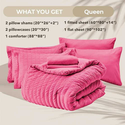 HYMOKEGE Queen Comforter Set - Hot Pink Seersucker 7-Piece Luxury Bedding Set for All Seasons