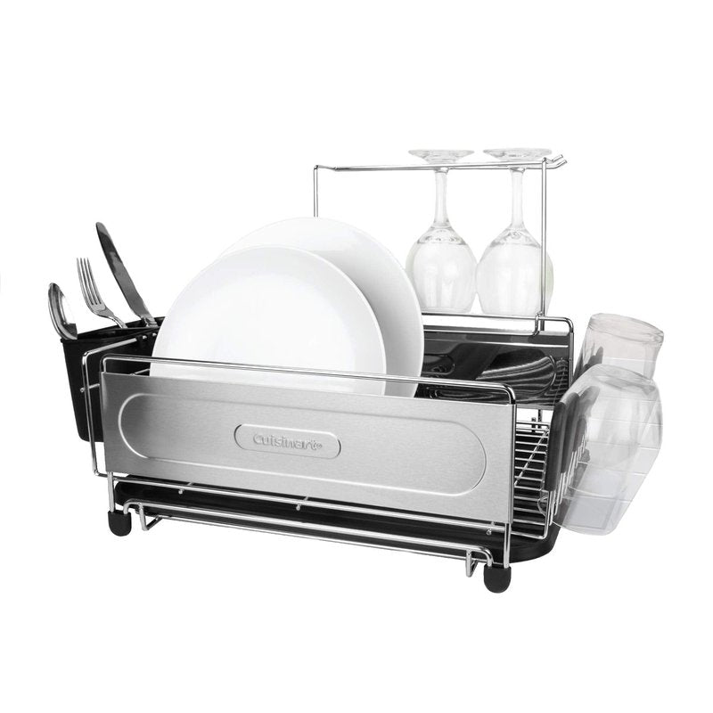 Cuisinart Stainless Steel Dish Drying Rack – Includes Wire Dish Drying Rack, Utensil Caddy, Draining Board, Stemware Holder, and Non-Slip Cup Holders, 14.4” x 12” x 6”- Stainless Steel/Black