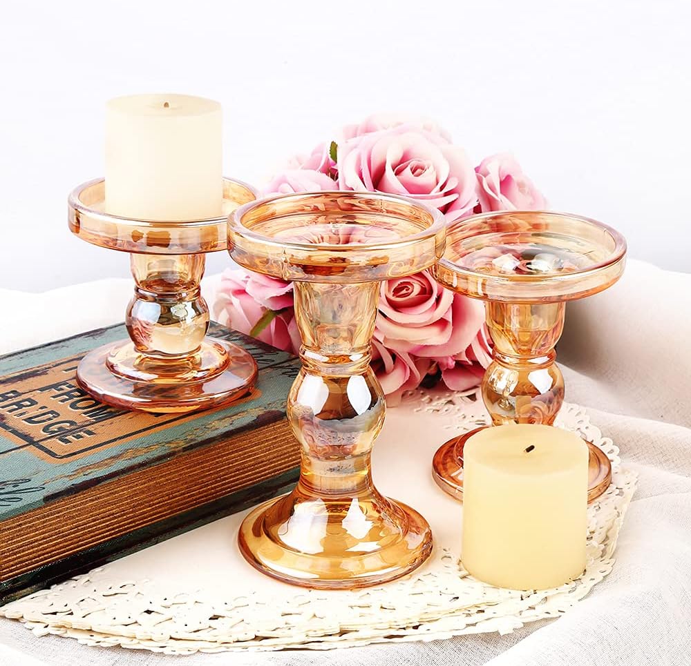 Skiennix Glass Candlestick Set - Elegant Crystal Candle Holders for Weddings & Home Decor | Clear, 3 Pieces