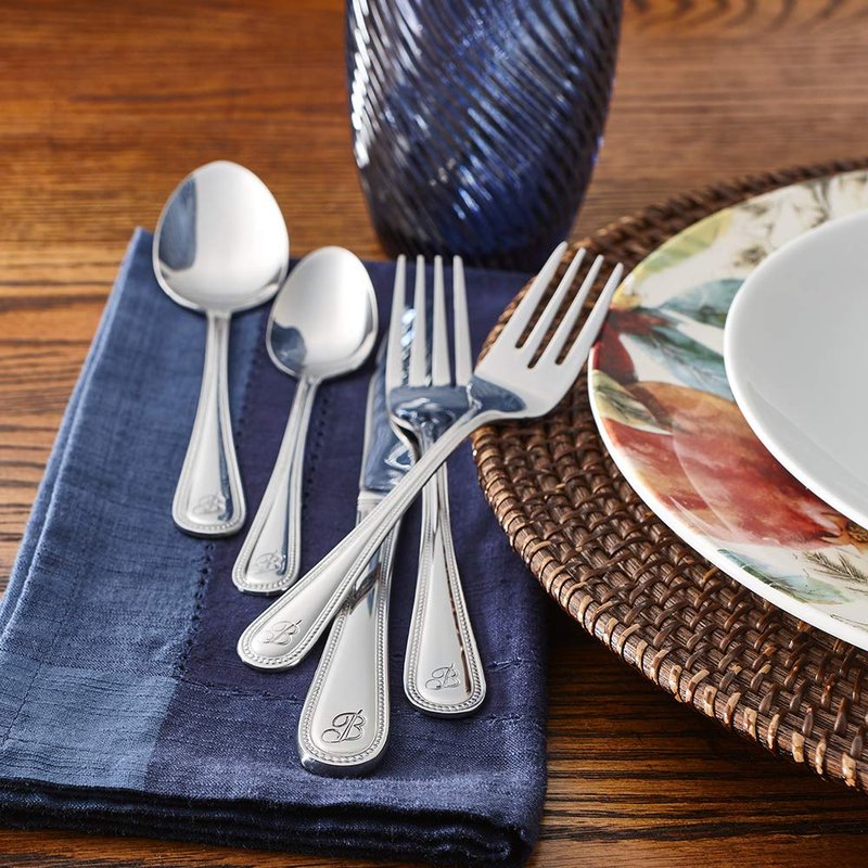RiverRidge Monogrammed Beaded Flatware Set - U - 46-Piece Silverware with Custom Letter Stamp, 18/0 Stainless Steel Utensils Set for Daily Use & Special Occasions - Dishwasher Safe, Versatile Design