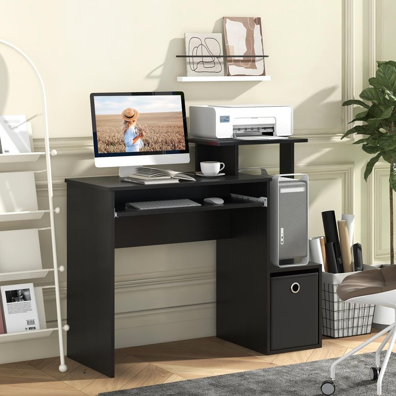 Tangkula Computer Desk with Fabric Drawer & Keyboard Tray, Space-Saving Study Writing Desk with Open Storage Shelves & Printer Stand, Modern Home Office Computer Workstation for Small Spaces (Black)