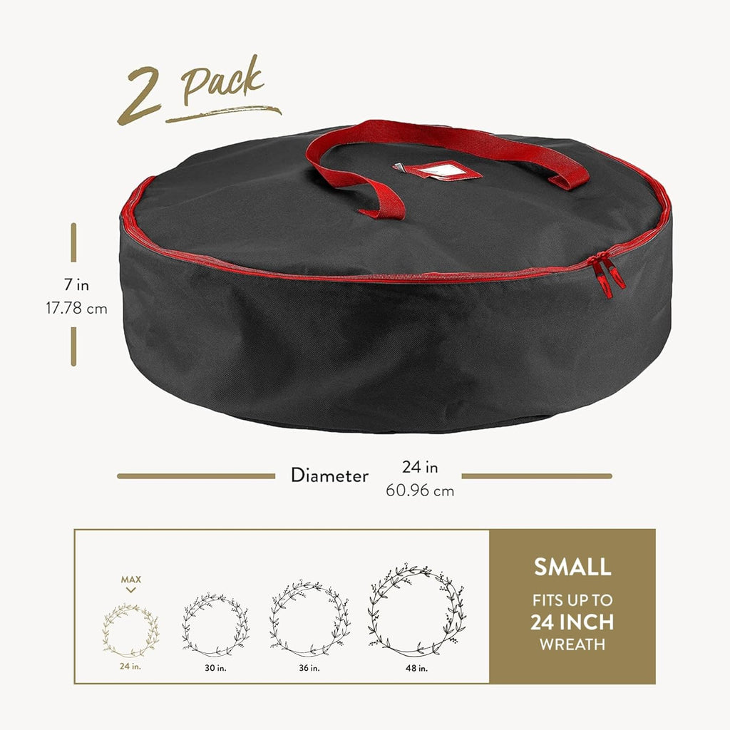 ZOBER Oxford Christmas Wreath Storage Container - 24 Inch Waterproof Bag with Dual Zippers & Durable Handles - Black
