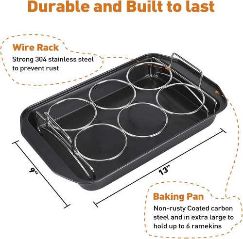 Creme Brulee Making Set - 6 Oz Porcelain Ramekins with Stainless Steel Lifting Rack & Bottom Pan