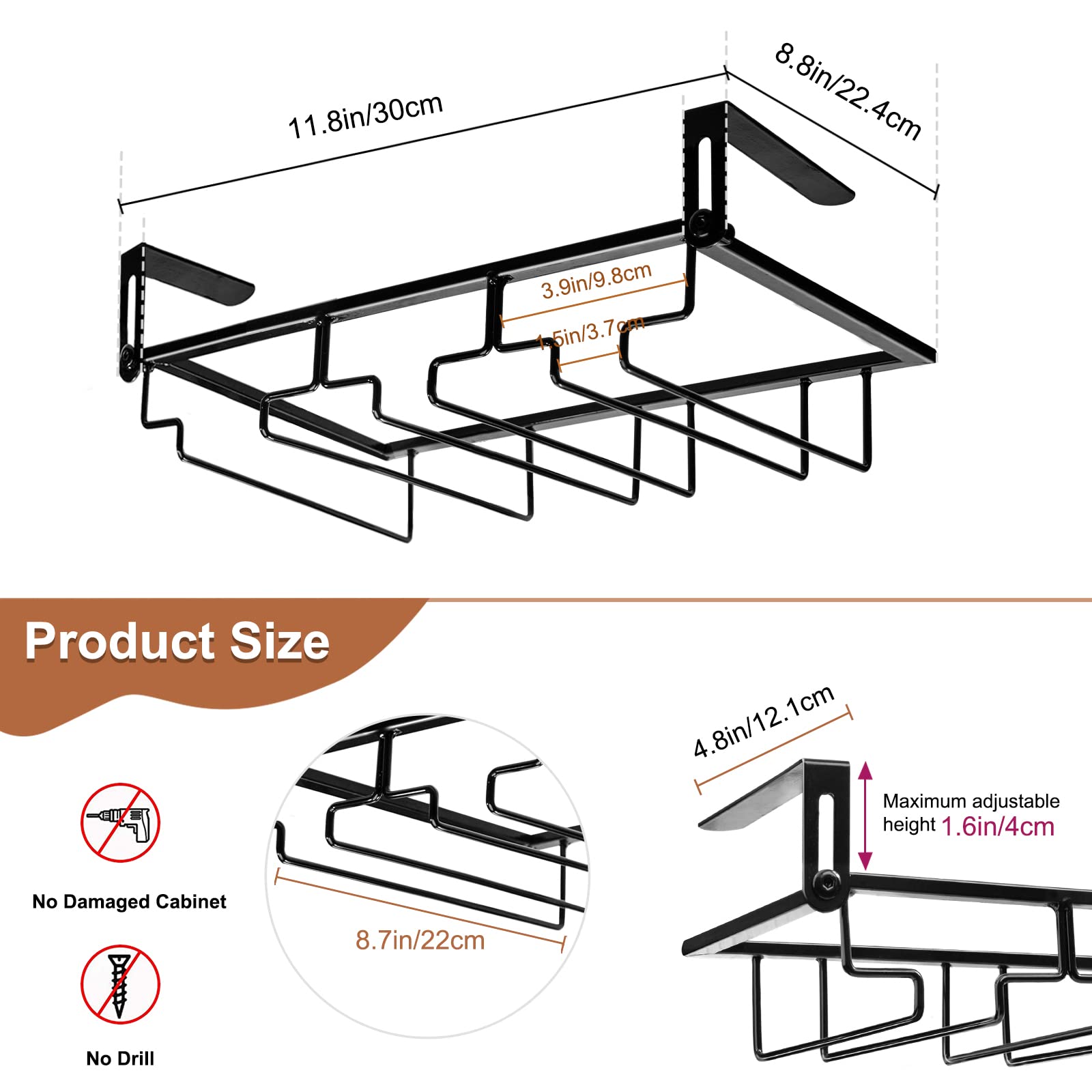 AUHOKY 2Pcs Adjustable Wine Glass Rack Under Cabinet, Punch-Free 3 Rows Stemware Metal Holder, Hanging Glass Storage Hanger Organizer for Shelf Kitchen Bar Decor (3 Rows, Black)