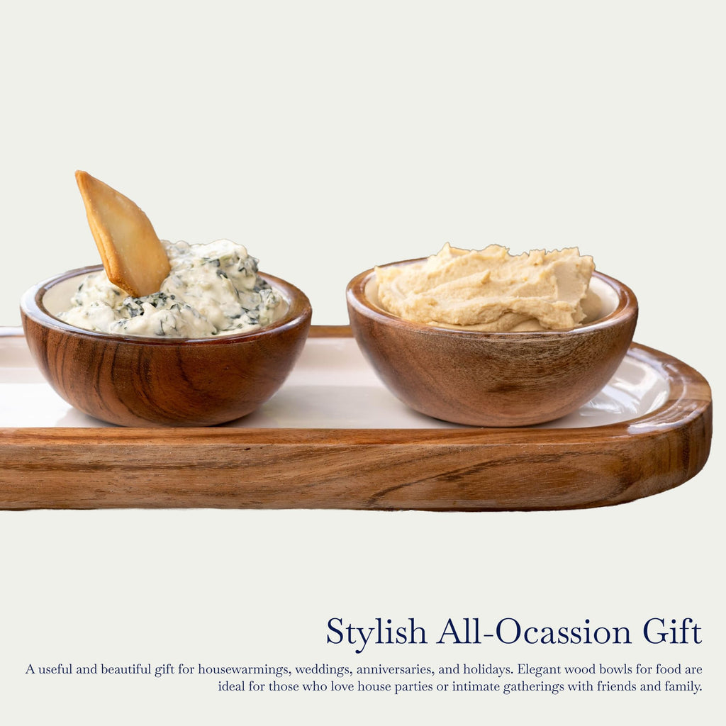 Jeanne Fitz Charcuterie Bowls, 4pc Set - 3 Small Acacia Wooden Bowls with Tray Display Storage, Decorative Wooden Kitchen Accessories, Candy Dish, Serving Dishes for Dips, Snacks, Desserts, Condiments