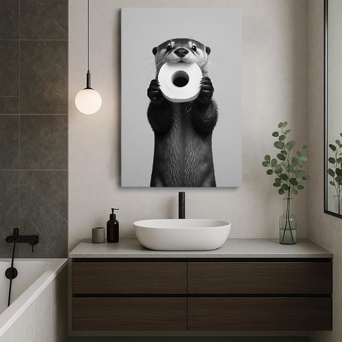 Funny Otter Wall Art by [Brand Name] - Humorous Black and White Canvas Print | Cute Otter with Toilet Paper, 12x16''