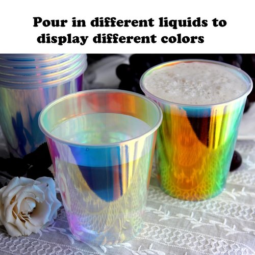 MnhoMnrn 25 Pcs Iridescent Clear Plastic Cups 12oz Fancy Thick Neon Disposable Drinking Cups Cute Glitter Holographic Hard Plastic Cup for Party Decoration (Clear)