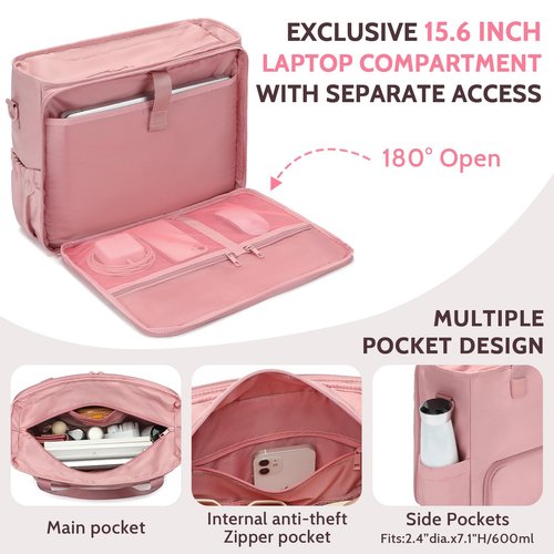 Lunch Tote Bag for Women with 15.6" Laptop Compartment, Work Tote Bag with Insulated Lunch Compartment, Large Casual Canvas Handbag Luncg Bags for Nurse, Teacher, Office, Travel, Beach, Pink