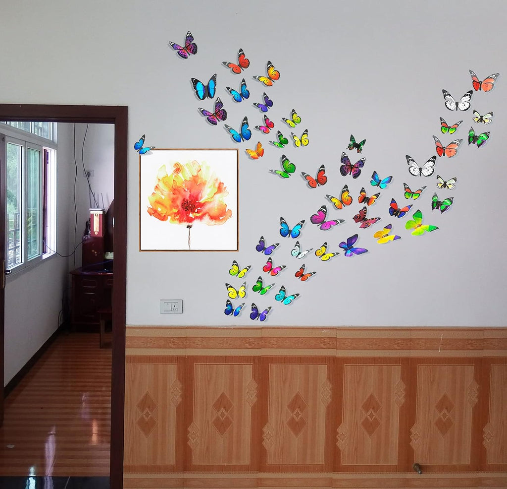 Skiennix Butterfly Wall Decor - 80 PCS Waterproof & Removable Foldable Plastic Stickers for Home & Bedroom