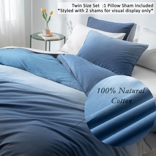 100% Cotton Duvet Cover Twin Size - Reversible Ocean Blue Duvet Cover Set with Button Closure, Gradient Navy Blue Bedding Set 2 Pcs, 1 Duvet Cover 68"x90" with 4 Corner Ties and 1 Pillow Sham 20"x26"