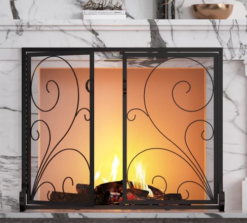 Fire Beauty Fireplace Screen with Doors, Handcrafted Solid Steel, Heavy Duty Metal Mesh, Powder Coat Finish, Spark Guard