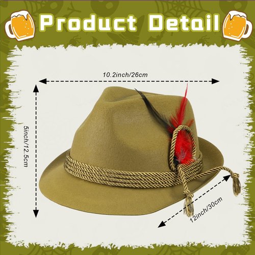 Hoosige 12 Pcs Oktoberfest Hats German Hats with Feather Bavarian Hats Costume Felt Hat for Halloween Adult Cosplay(Green Feather)
