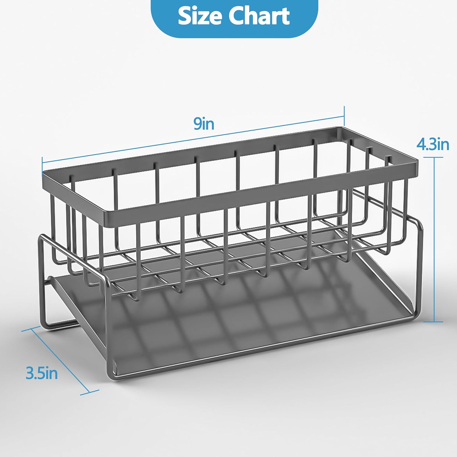 Skiennix Kitchen Sink Sponge Holder - Rustproof Stainless Steel Caddy Organizer | Self-Draining Design, Grey