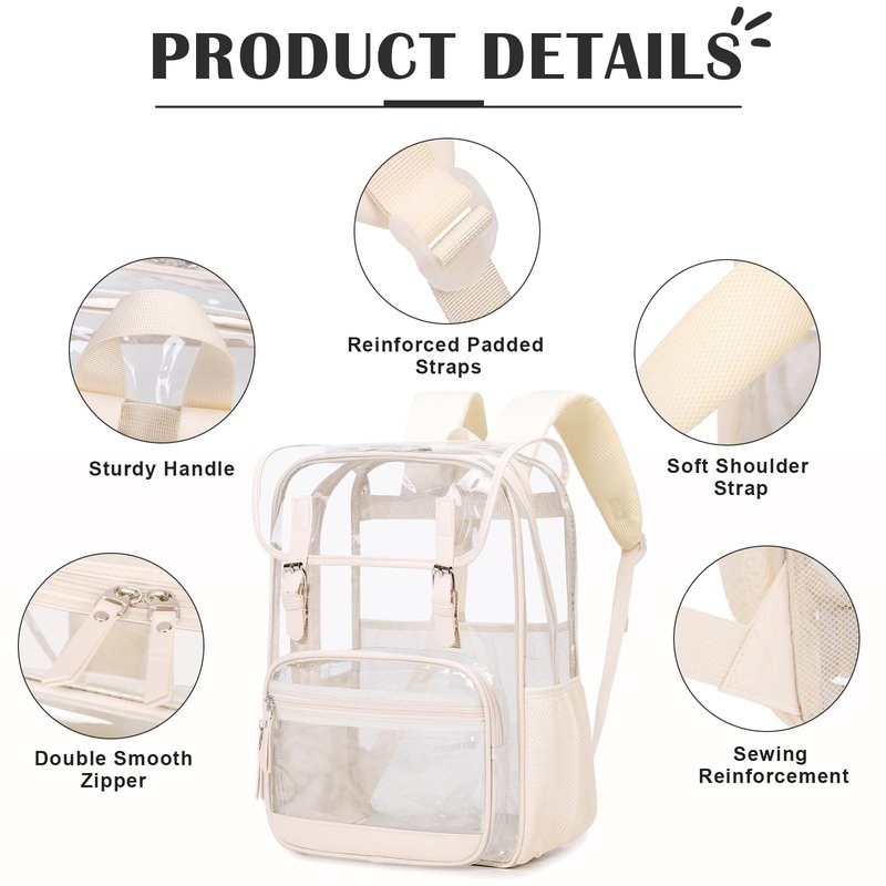ACESAK Clear Backpack Heavy Duty Thick - Clear Bookbag with Lunch Bag Set for School See Through PVC Transparent Backpacks for College Travel Work Girls Women (Beige)