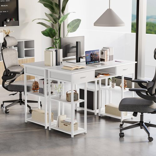 Sweetcrispy Desk with Fabric Drawers, Computer Office 48 Inch Gaming Writing Study 4 Storage Shelves Table for Home Office Bedroom PC Desk, White Wood