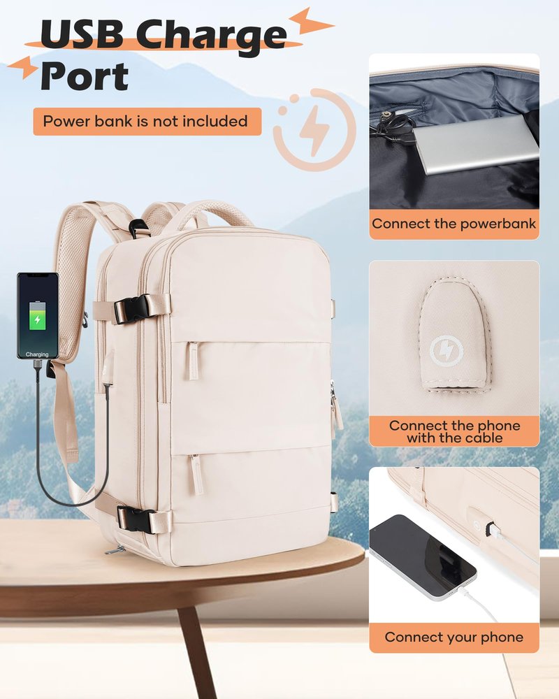 SEAFEW Large Travel Backpack with Vacuum Seal Compression, Vacuum Travel Flight Backpack with Electric Pump, Waterproof Work Backpack Compression bags Casual Daypack with USB Charging Port, Beige