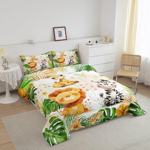jejeloiu Kids Zoo Animal Bedding Set Full Size Cute Animal Comforter Set for Boys Girls Teens Lion Giraffe Elephant Duvet Set Tropical Leaves Quilt Set 3Pcs