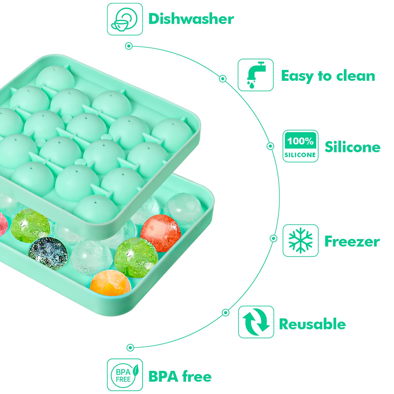 Webake 2 Pack Sphere Ice Cube Trays - 1.1" Small Round 36pcs Ice Ball Maker, Flexible Silicone Molds for Cocktails, Whiskey, Tea & Coffee - Easy Release & BPA Free (Green)