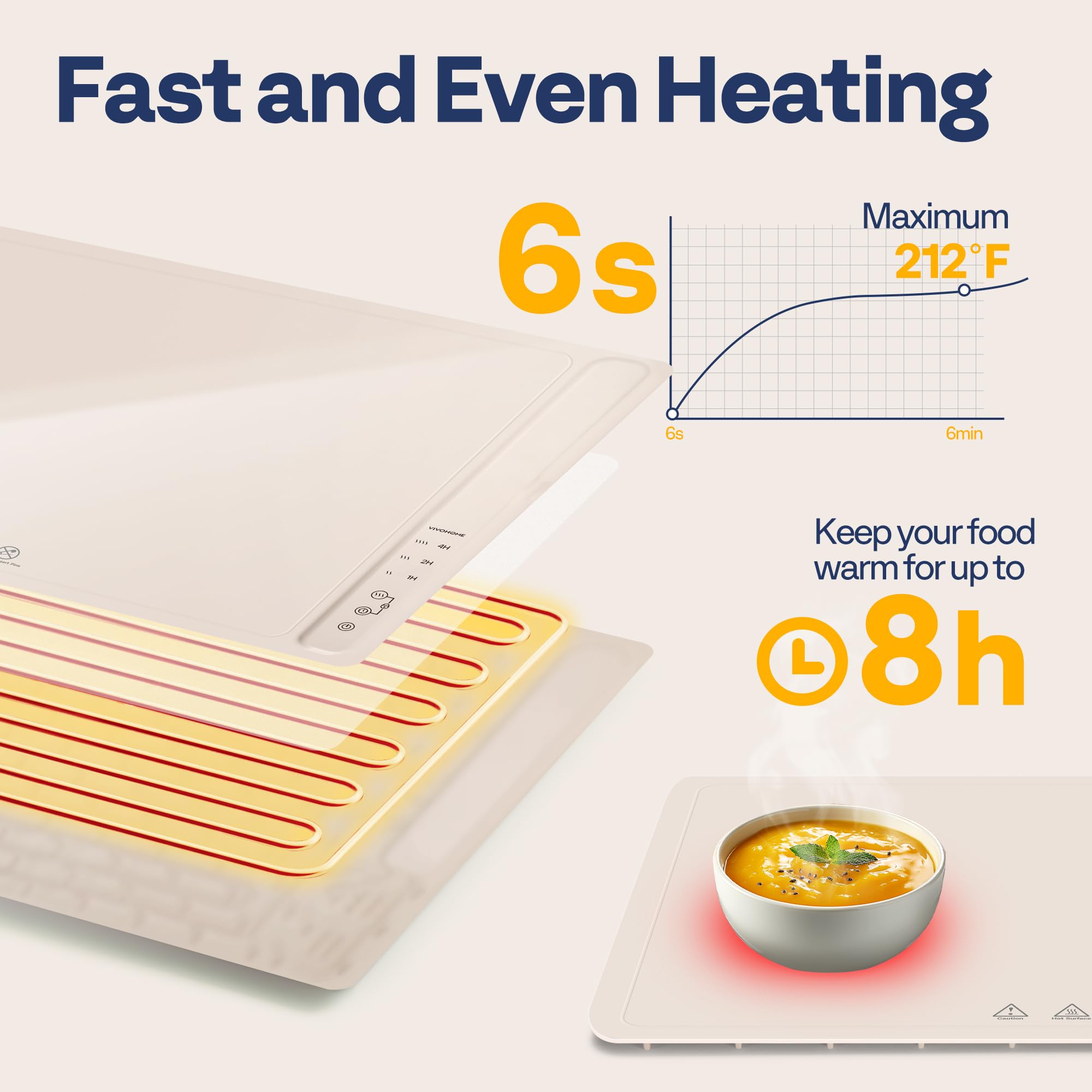 VIVOHOME Food Warming Mat For Buffets, Full Surface Heating 3-Level Temperature and Timer Setting, Automatic Child Safety Lock, Electric Silicone Warmer for Parties, Gatherings and Everyday Use, Cream