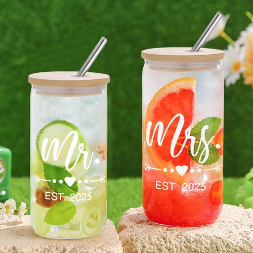 Mr & Mrs Coffee Cups 2025 Gift Set, Wedding & Engagement Gifts for Couples - His & Hers Glass Tumbler Set With Straw