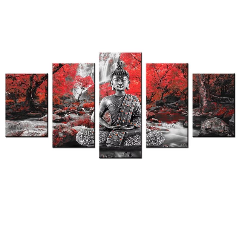 AWLXPHY Decor Buddha Wall Art Canvas Waterfall Painting Framed 5 Panels for Living Room Decoration Modern Landscape Buddha Trees Zen Wall Art Giclee (Red, 60"x30")