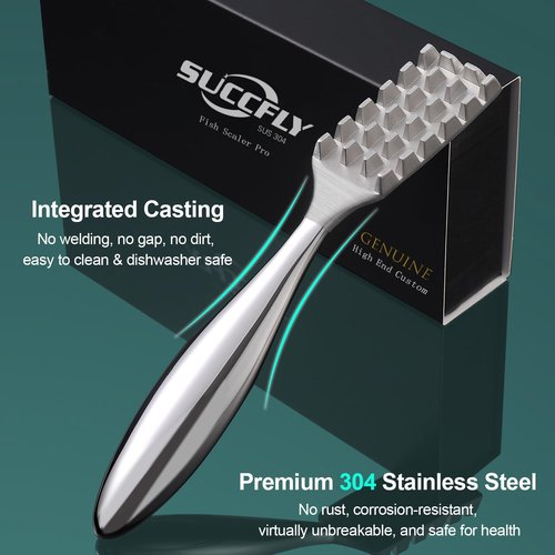 SUCCFLY Fish Scaler Set, Premium Fish Descaler Tool, Stainless Steel Fish Scale Remover with Serrated Sawtooth Ergonomic Handle for Kitchen, Seafood Markets (Fish Scaler + 2 Pack Fish Bone Tweezers)