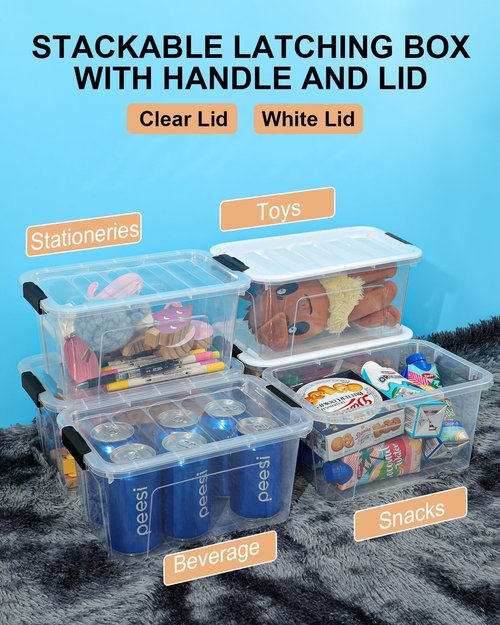 EOENVIVS Plastic Storage Bins - 7 Quart Stackable Containers with Lids & Black Buckle Latch | 6 Pack, Clear