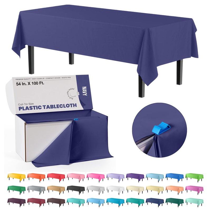 Party Solids 54 Inch X 100 Feet Navy Plastic Table Cover Roll in A Cut - to - Size Box with Convenient Slide Cutter. Cuts Up to 12 Rectangle 8 Feet Plastic Disposable Tablecloths