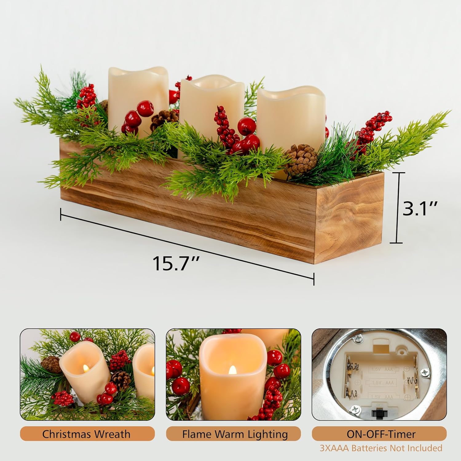 Rustic Wood Candle Holders | Christmas Table Centerpieces with 3 Flameless LED Candles & Pine Cones