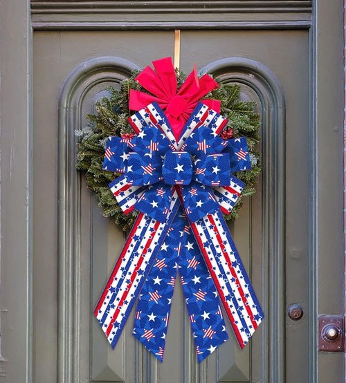 Hying Patriotic Wreath Bows - Large 4th of July Red & Blue Stripe Burlap Bows | Memorial Day Decor