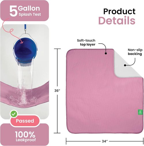 IMPROVIA® Washable Underpads - Heavy Absorbency Reusable Incontinence Pads for Kids & Adults | Waterproof Protection (Pink & White, 34" x 36", Pack of 4)