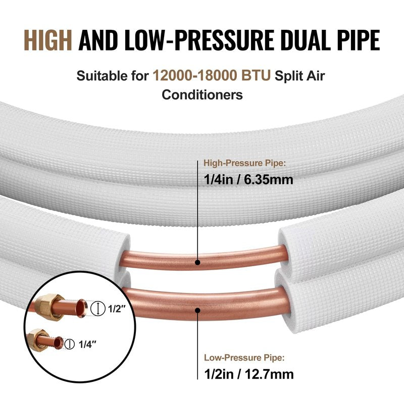 VEVOR 25FT Mini Split Line Set, 1/4" & 1/2" OD Copper Pipes, Triple-Layer Insulated Refrigerant Tubing with Wrapping Strips for HVAC AC Heat Pump