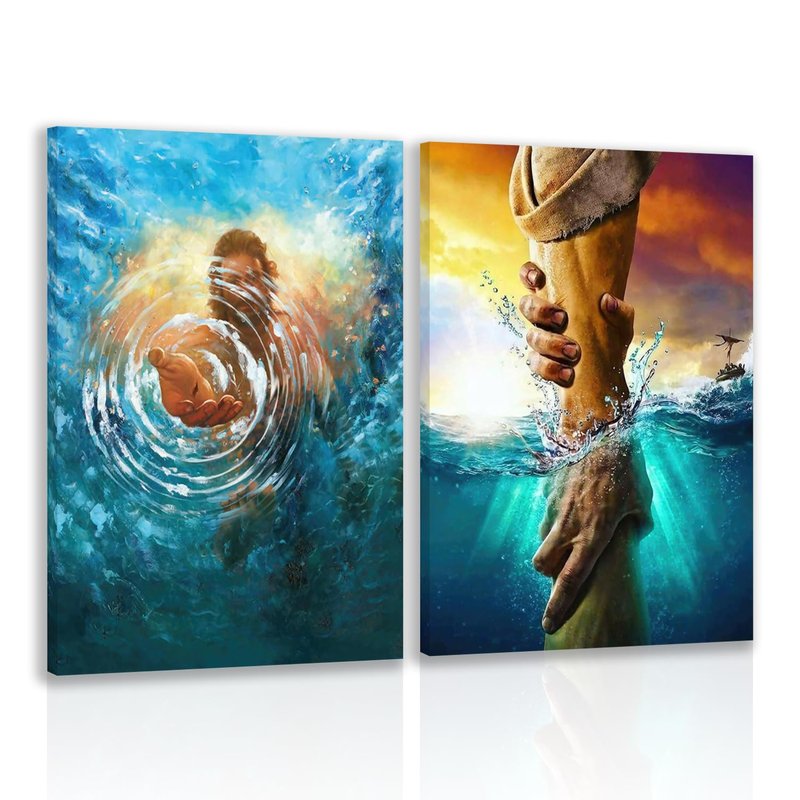 2 Pcs Framed Jesus Wall Art, The Hand of God Jesus Reaching Into Water Poster Prints, Christian Christmas Gifts, Bible Blue Ocean Wrapped Canvas Painting for Church Prayer Room Hospitals 16"x24"
