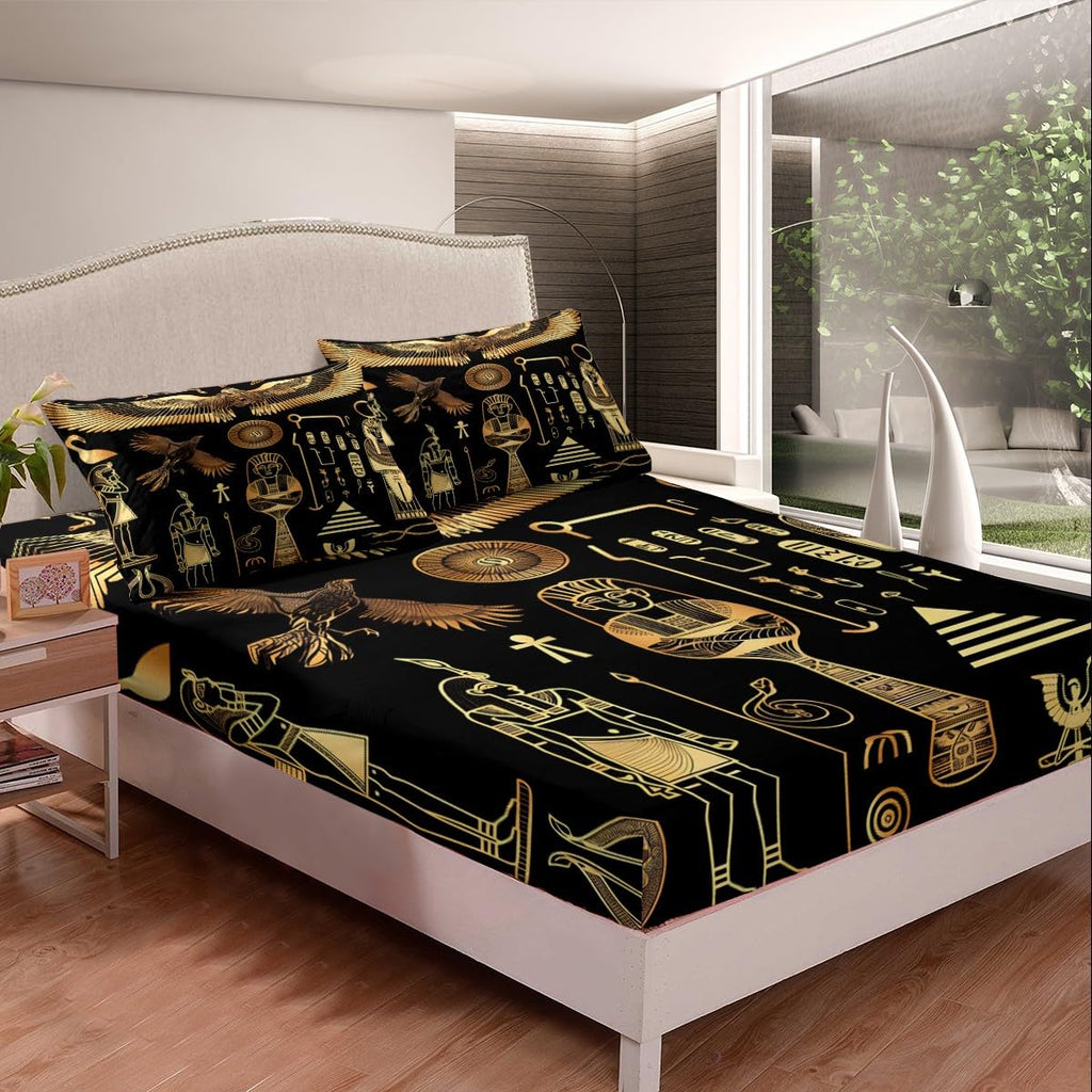Feelyou Ancient Egypt Bed Sheet Set for Kids Boys Adults Egyptian Tribe Fitted Sheet Pyramid Printed Bedding Set Egypt Culture Bed Cover Bedroom Decor 3Pcs Sheets Queen Size Black Golden
